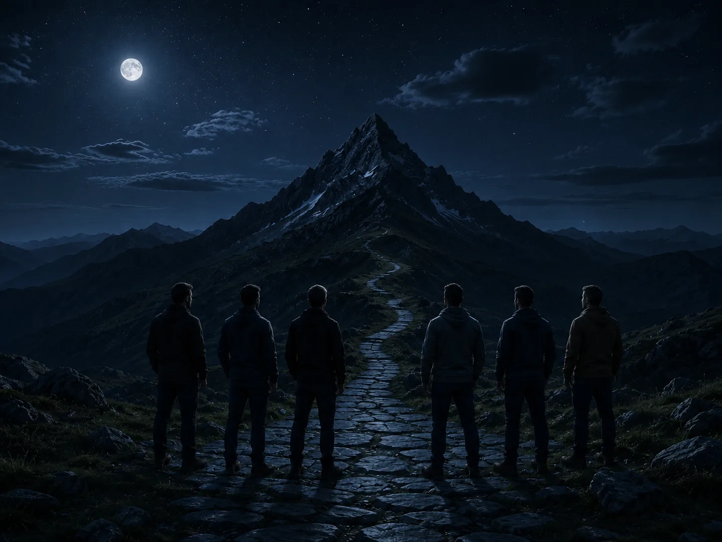 Men standing on a mountain path at night